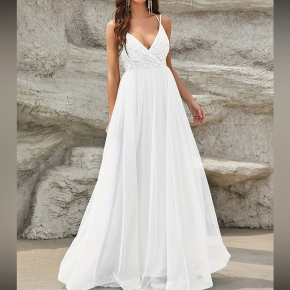 Luxe lace up back mesh sequins bodice party formal prom wedding gown dress - Picture 15 of 16